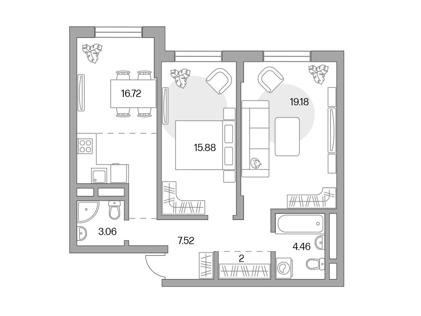 Планировка: 2-комн. квартира 68.82 м² в новостройке Живописный