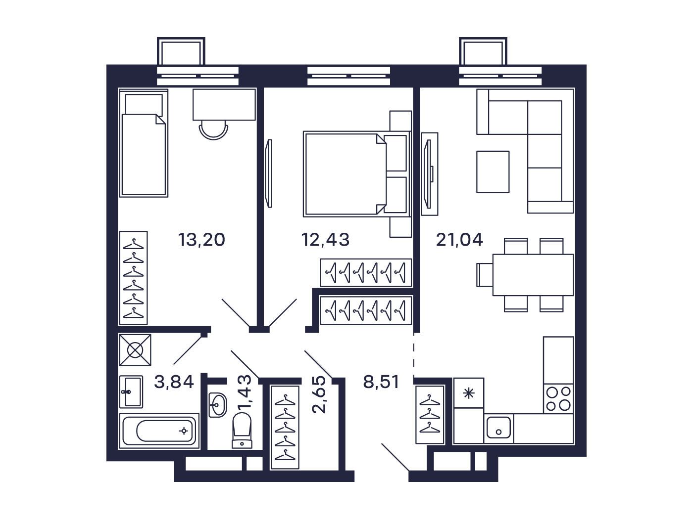 Планировка: 2-комн. квартира 63.10 м² в новостройке Тетрис