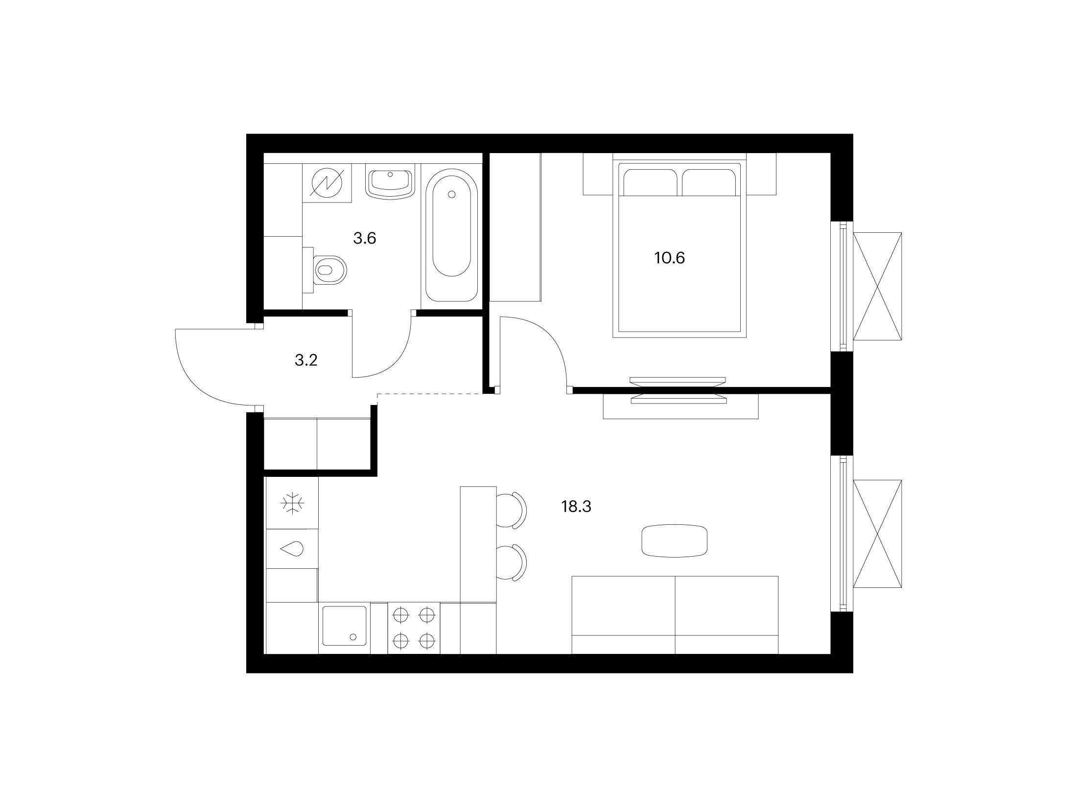 Планировка: 1-комн. квартира 35.70 м² в новостройке Яуза парк