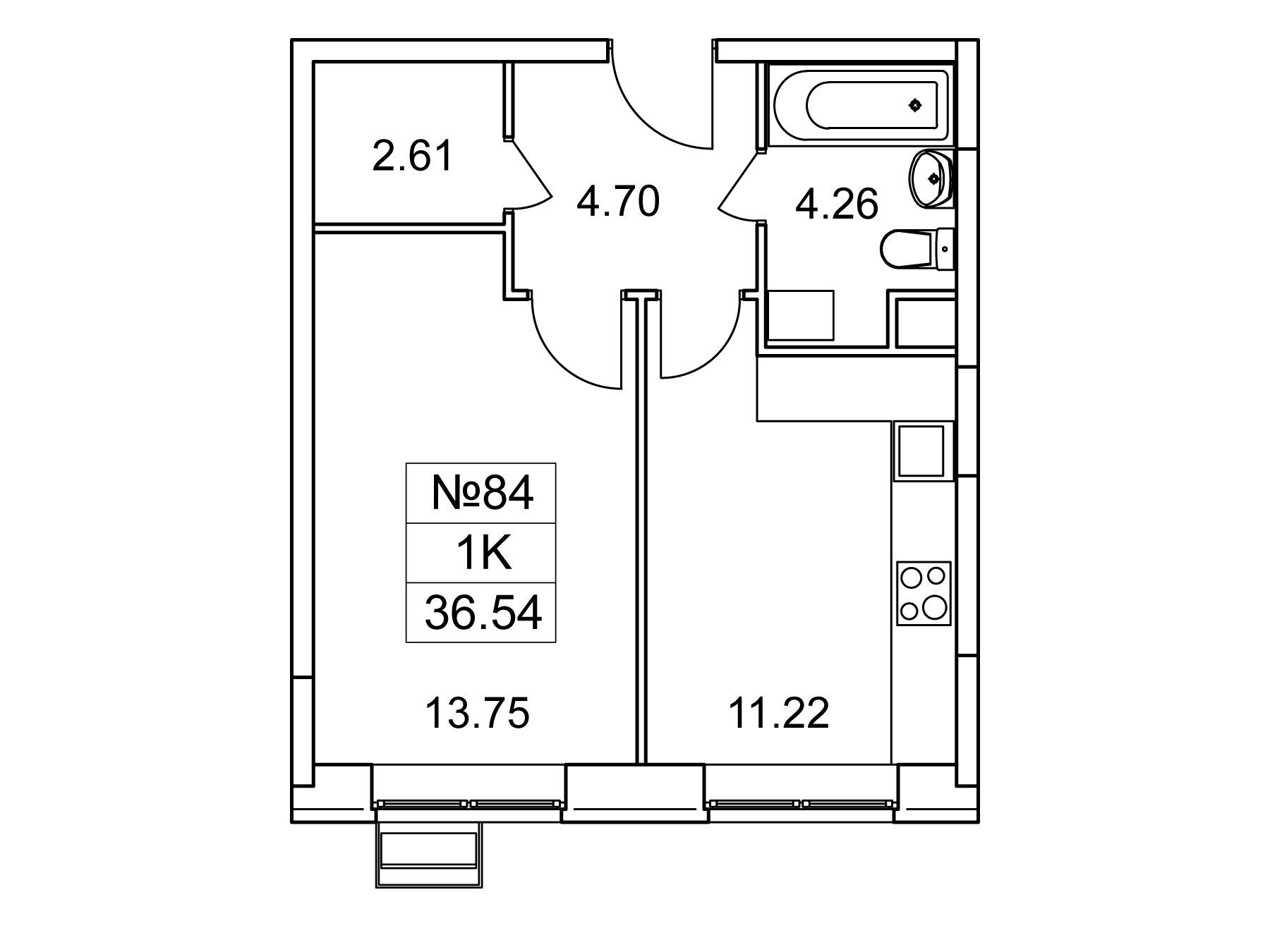 Планировка: 1-комн. квартира 36.54 м² в новостройке ЖК Новотомилино