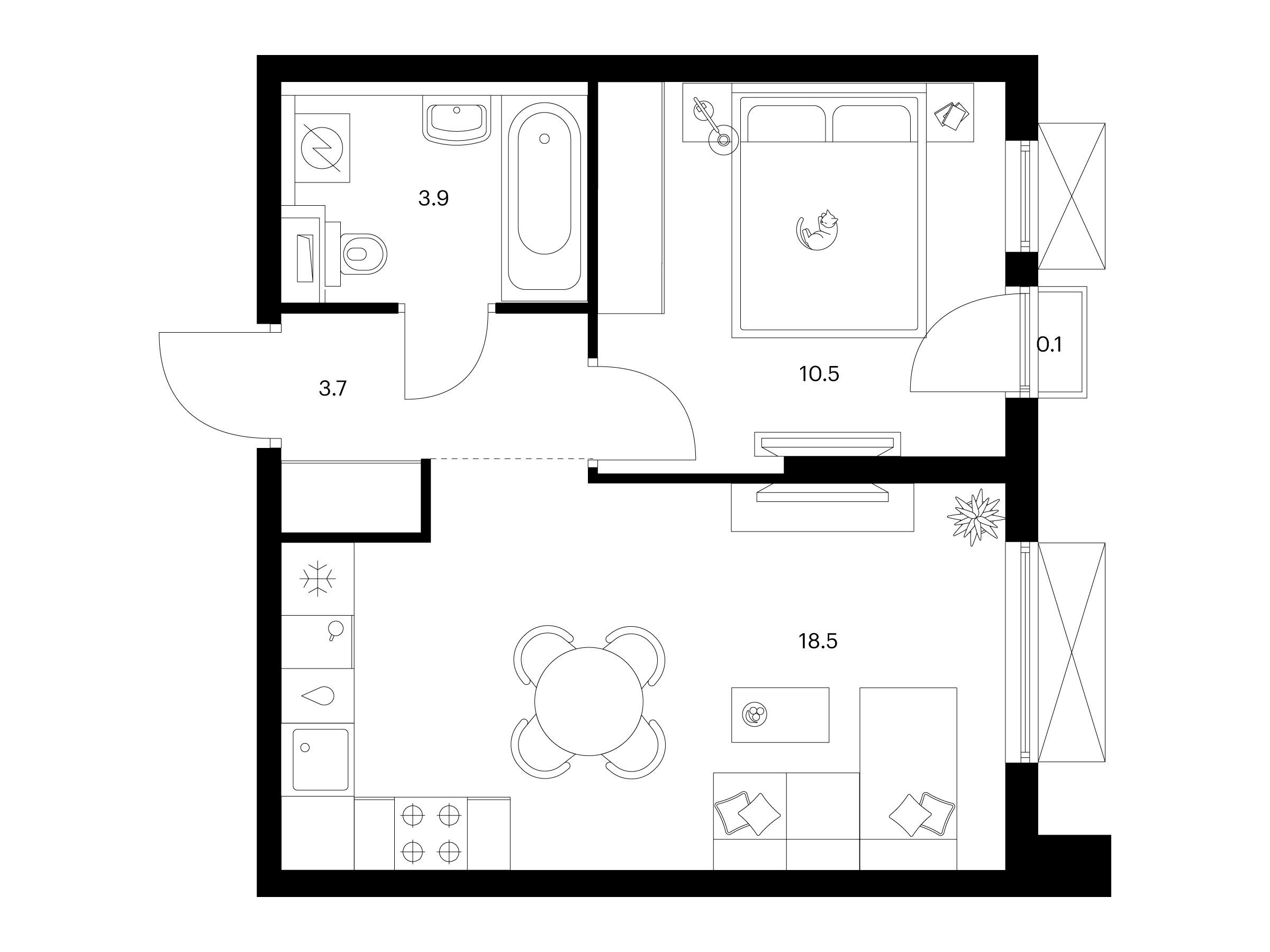 Планировка: 1-комн. квартира 36.70 м² в новостройке Томилинский бульвар