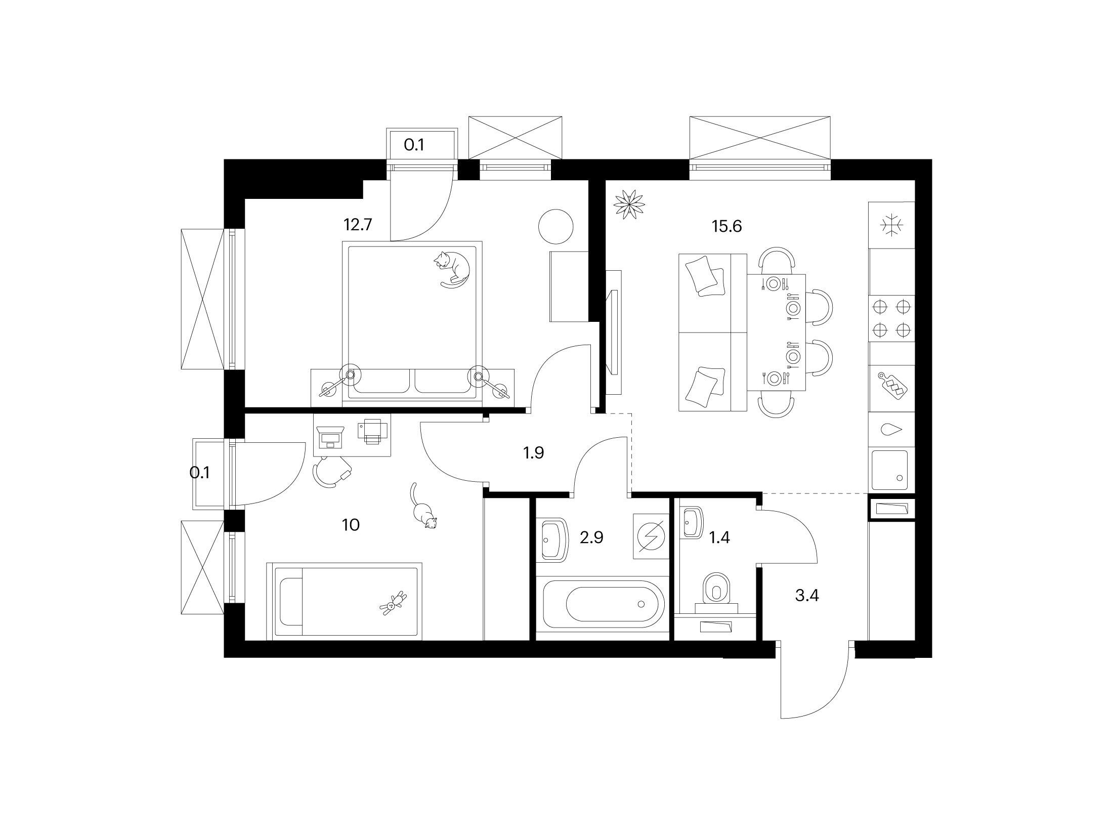 Планировка: 2-комн. квартира 48.10 м² в новостройке ЖК Томилинский бульвар