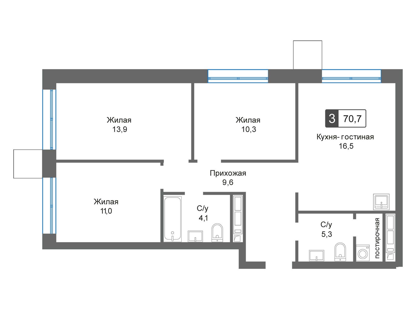 Планировка: 3-комн. квартира 70.70 м² в новостройке Отрада