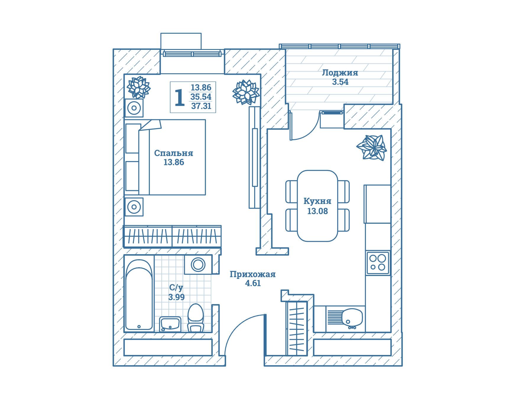 Планировка: 1-комн. квартира 37.90 м² в новостройке Новоград Монино