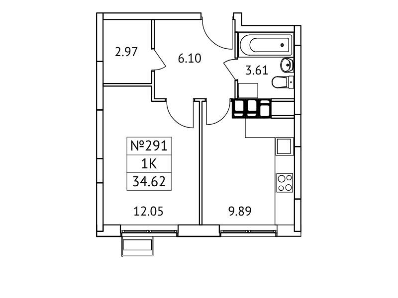Планировка: 1-комн. квартира 34.62 м² в новостройке ЖК Новотомилино