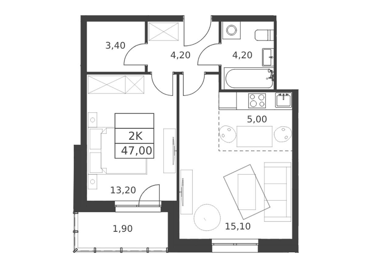 Планировка: 2-комн. квартира 47.00 м² в новостройке Октябрьский
