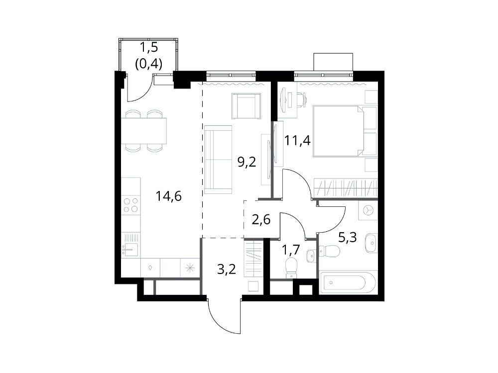 Планировка: 2-комн. квартира 48.40 м² в новостройке ЖК 1-й Химкинский (Первый Химкинский)