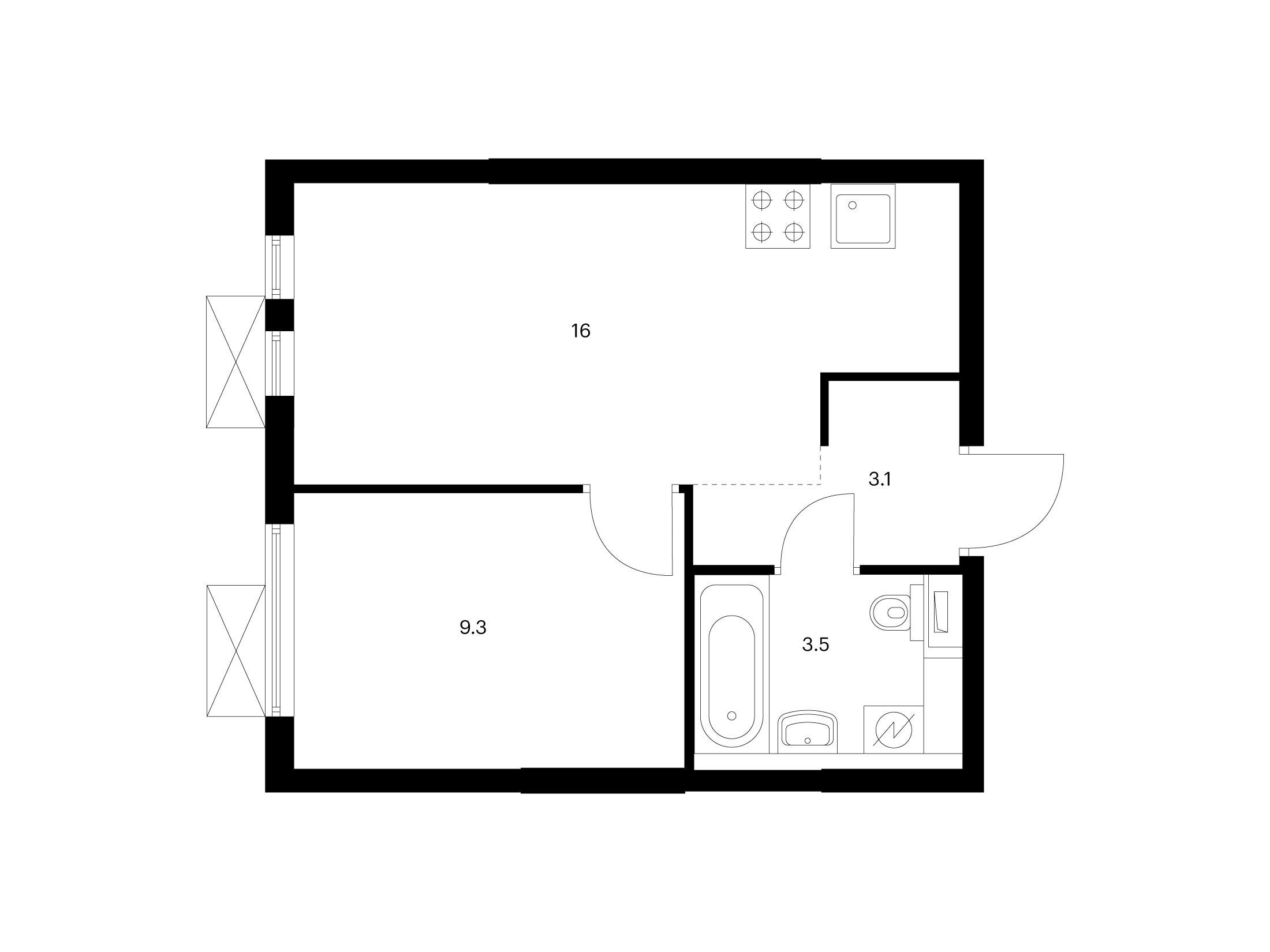 Планировка: 1-комн. квартира 31.90 м² в новостройке Кузьминский лес