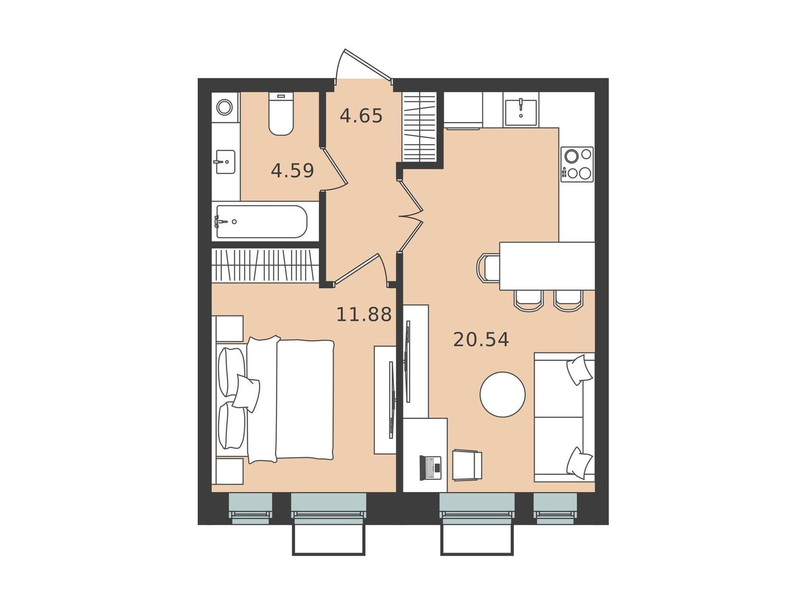Планировка: 1-комн. квартира 41.66 м² в новостройке Мишино-2