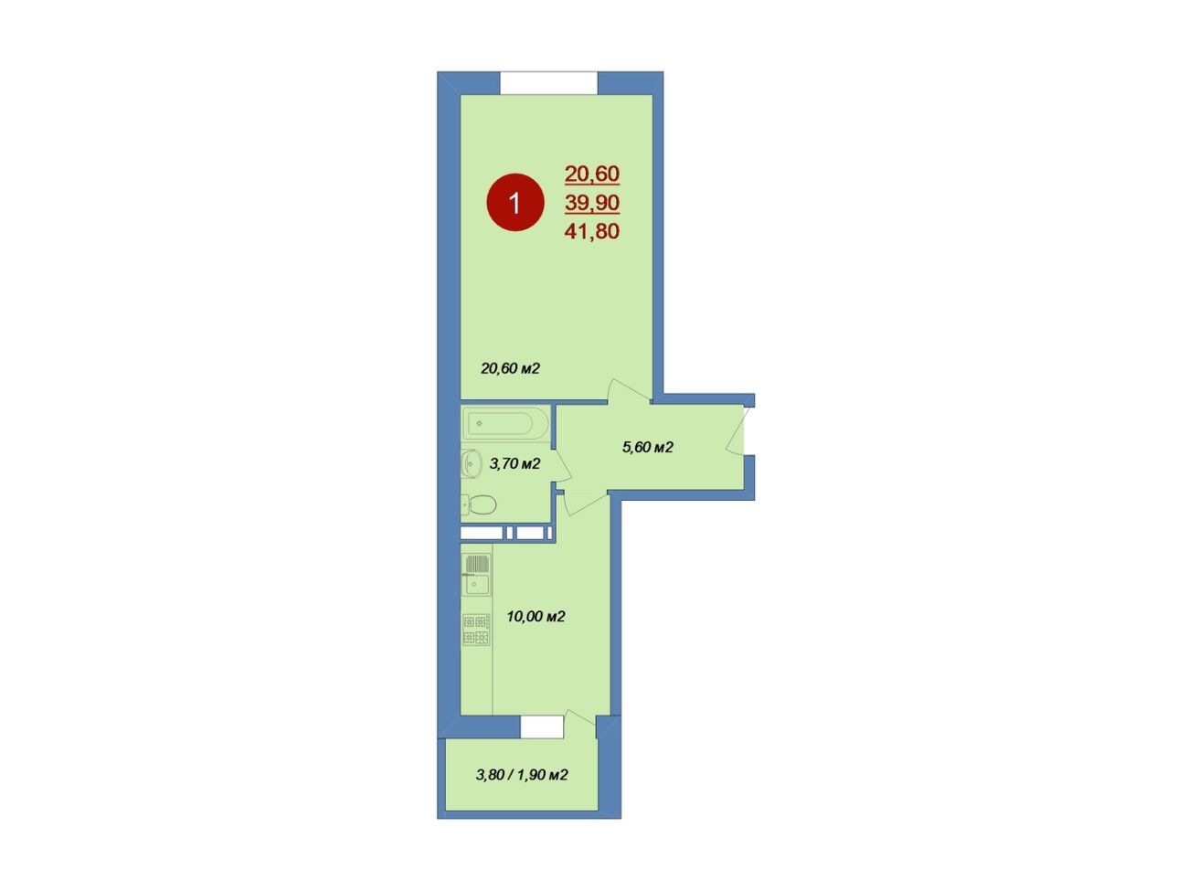 Планировка: 1-комн. квартира 41.80 м² в новостройке Новые Островцы
