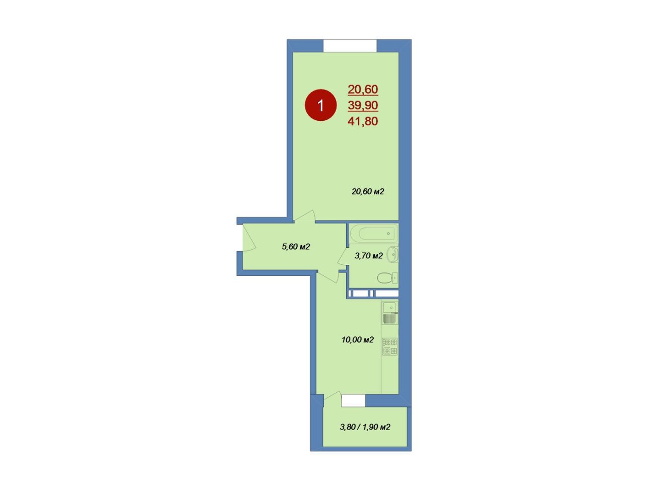 Планировка: 1-комн. квартира 41.80 м² в новостройке Новые Островцы