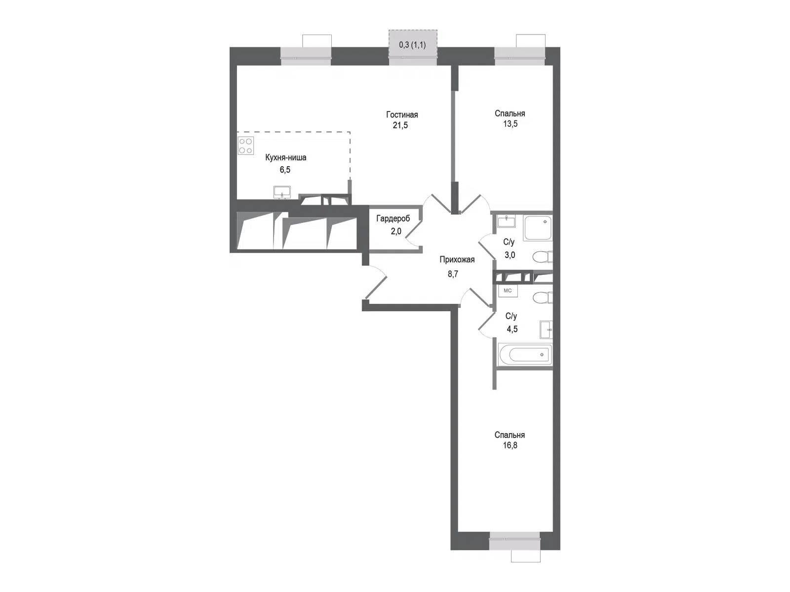 Планировка: 3-комн. квартира 76.50 м² в новостройке ЖК Киноквартал