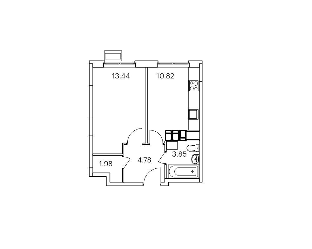 Планировка: 1-комн. квартира 34.87 м² в новостройке Новотомилино