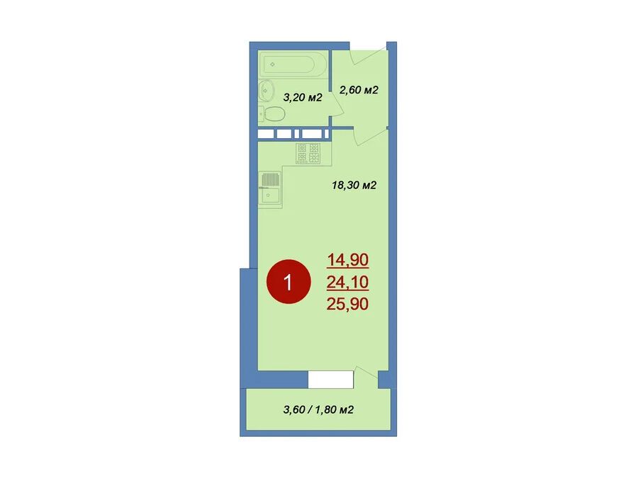 Планировка: Студия 25.90 м² в новостройке Новые Островцы
