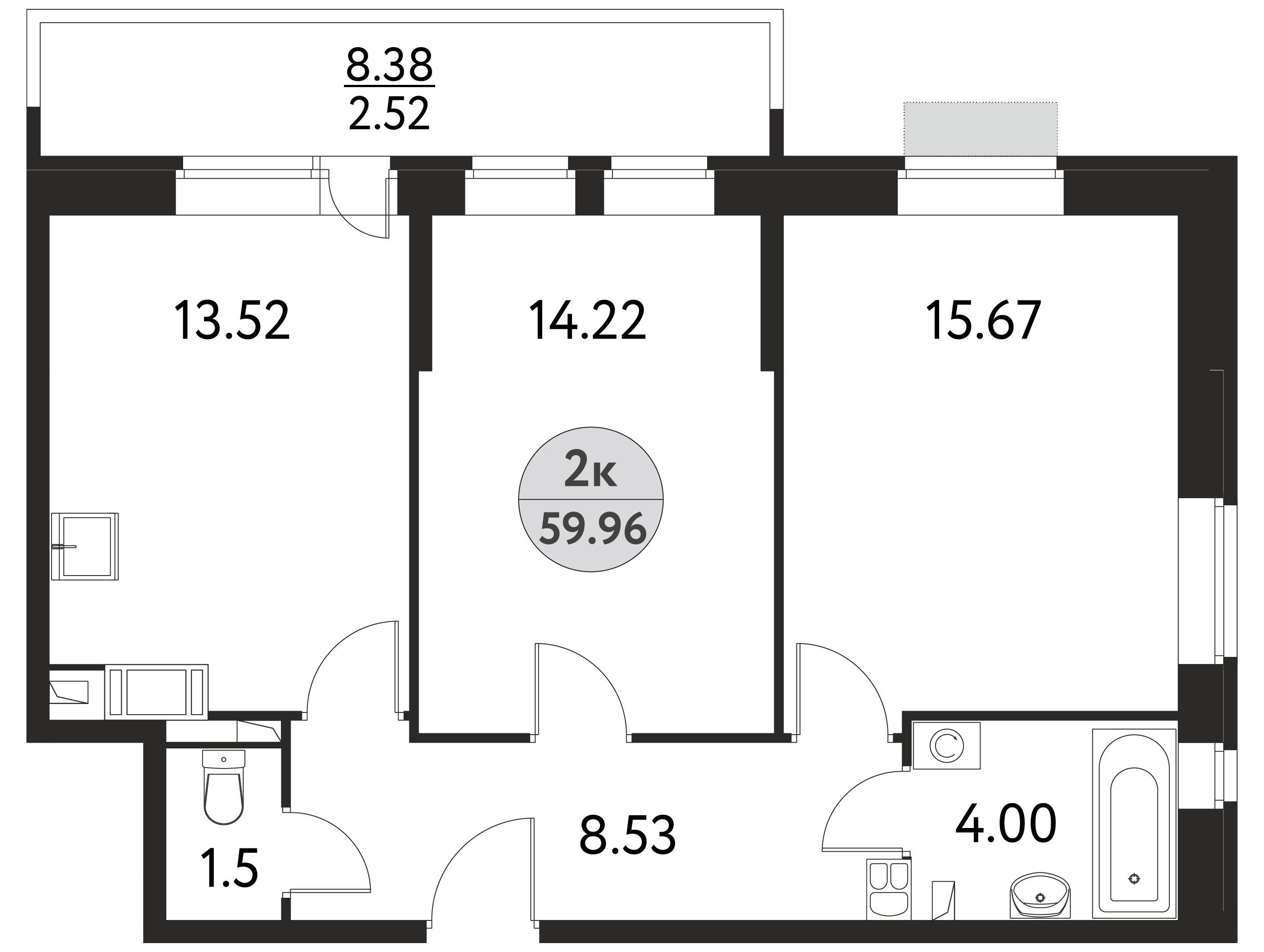 Планировка: 2-комн. квартира 59.96 м² в новостройке Дом на Сиреневой