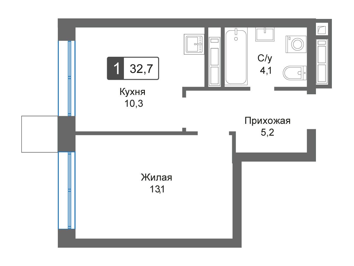 Планировка: 1-комн. квартира 32.70 м² в новостройке Сити квартал Отрада