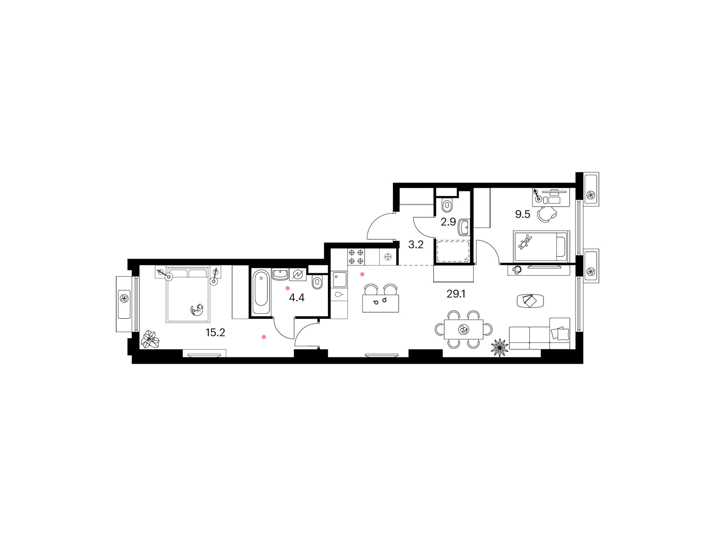 Планировка: 2-комн. квартира 64.30 м² в новостройке Белая Дача парк