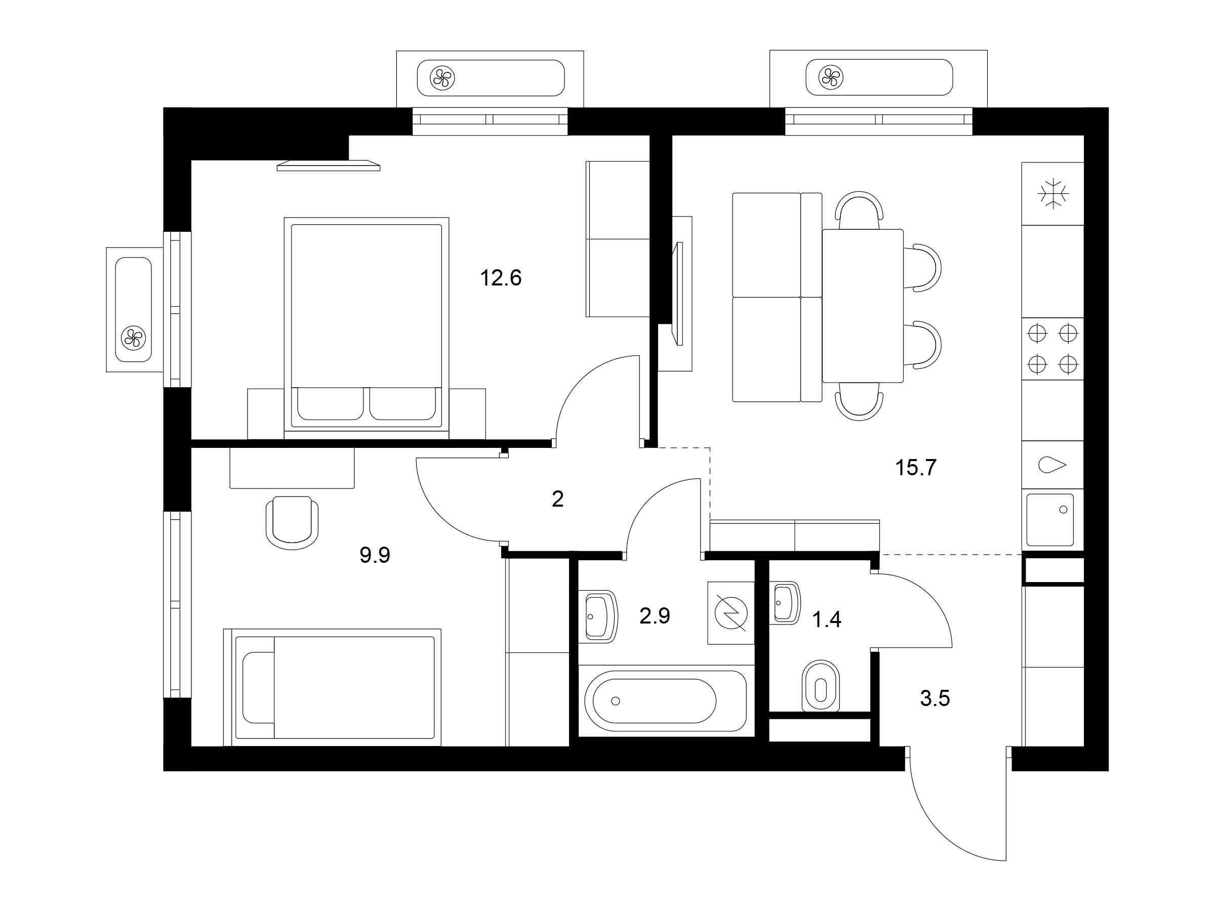 Планировка: 2-комн. квартира 48.00 м² в новостройке Восточное Бутово