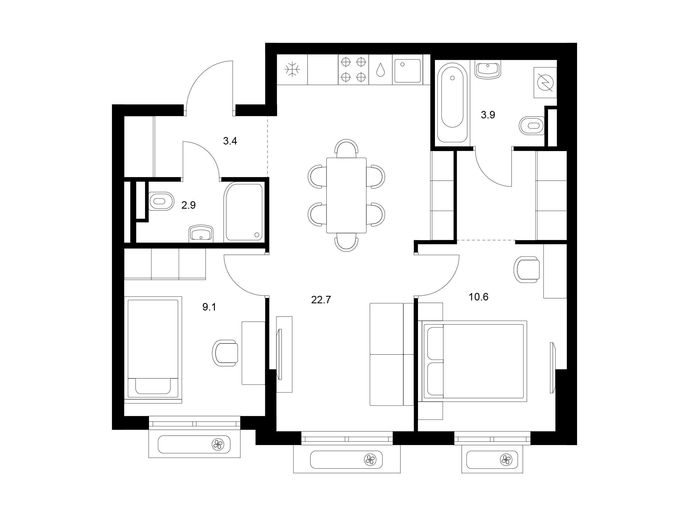 Планировка: 2-комн. квартира 56.40 м² в новостройке Восточное Бутово