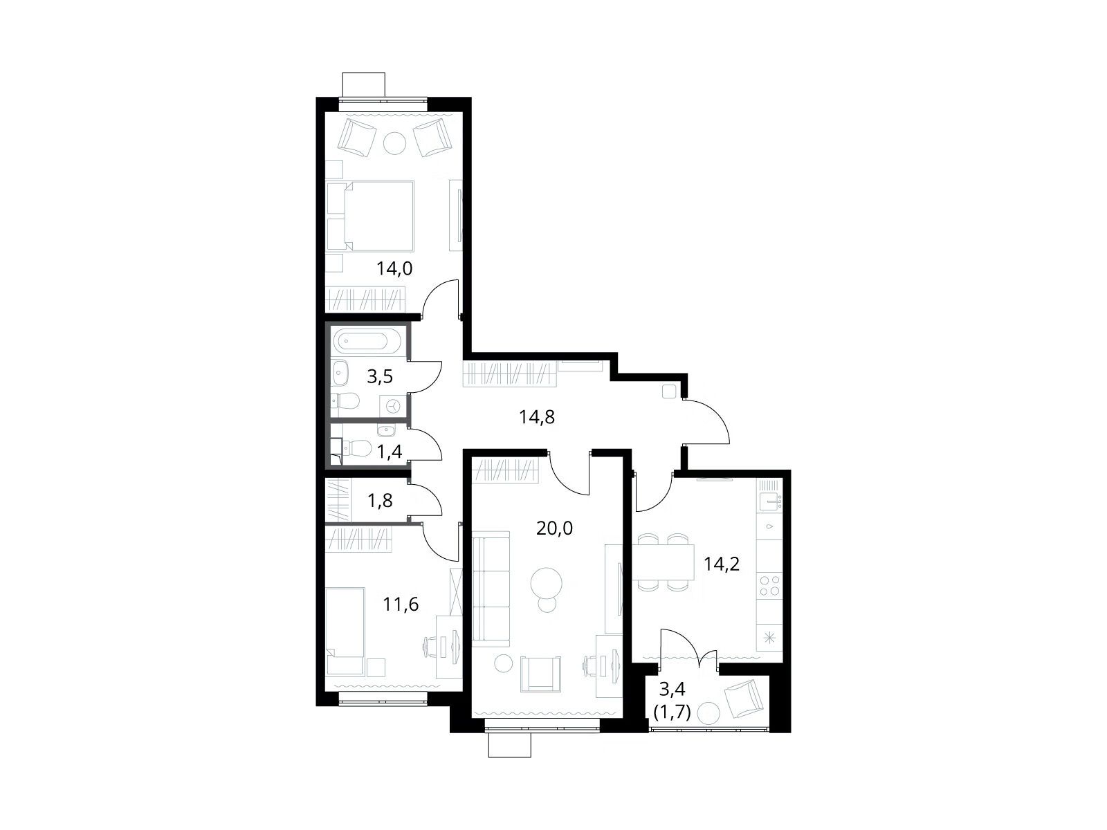 Планировка: 3-комн. квартира 83.10 м² в новостройке 1-й Южный