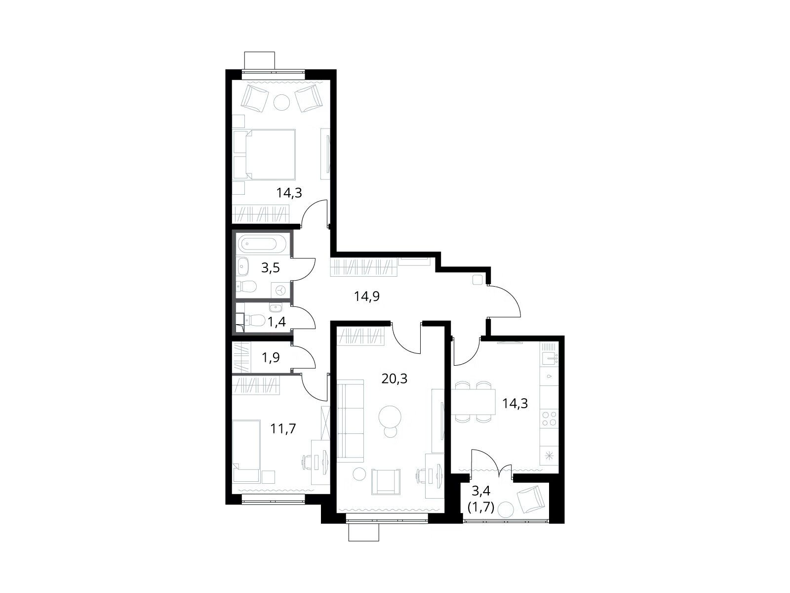 Планировка: 3-комн. квартира 84.10 м² в новостройке 1-й Южный