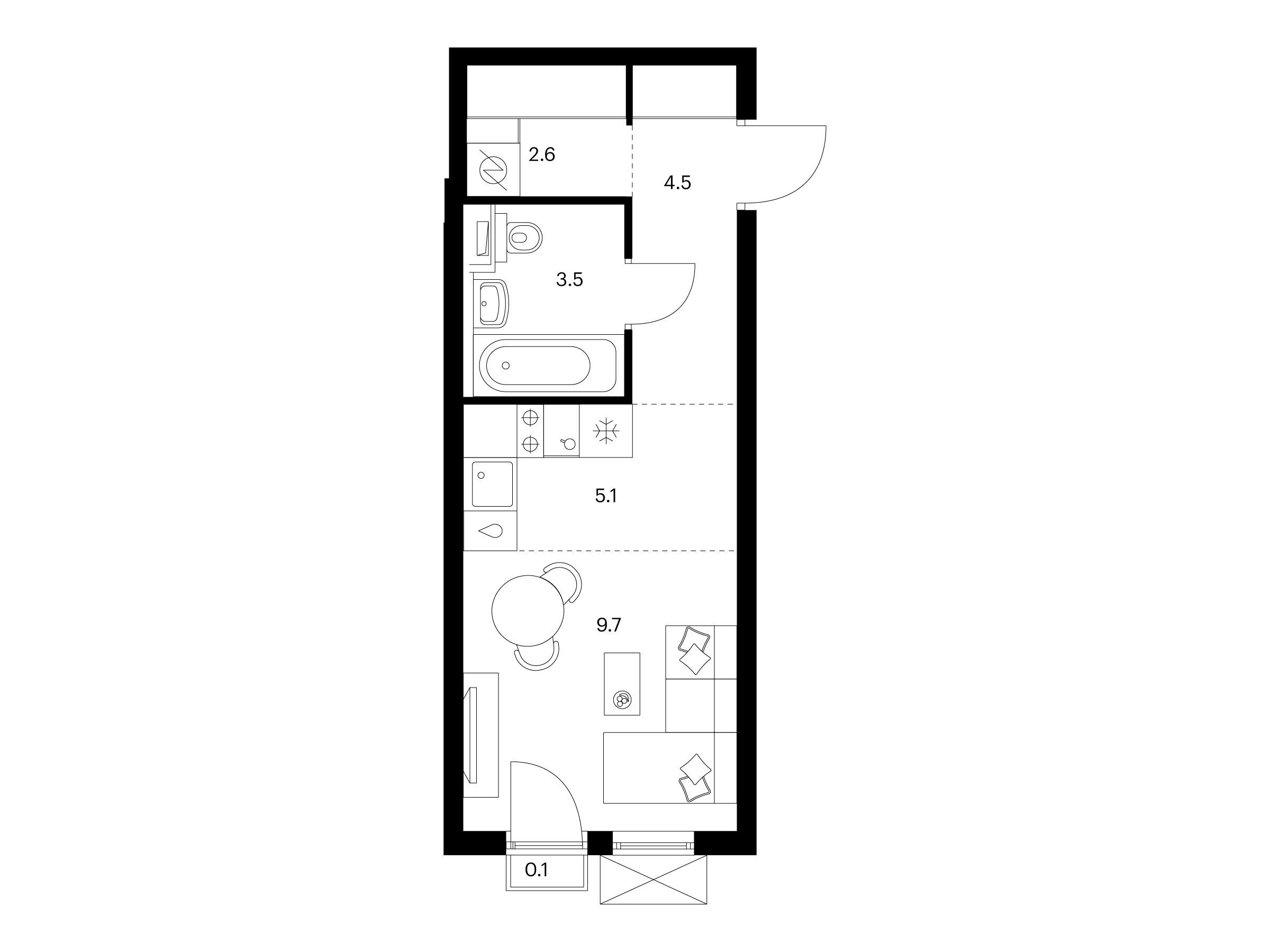 Планировка: Студия 25.50 м² в новостройке ЖК Томилинский бульвар