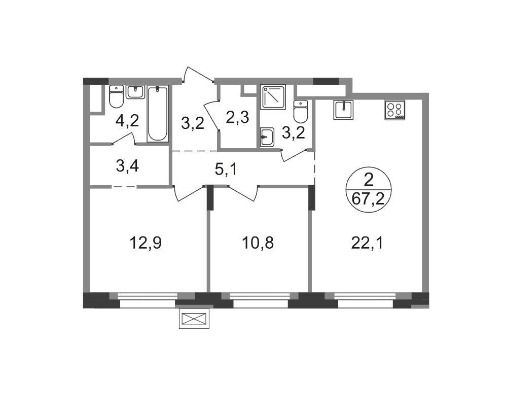 Планировка: 2-комн. квартира 67.20 м² в новостройке Резиденции Сколково