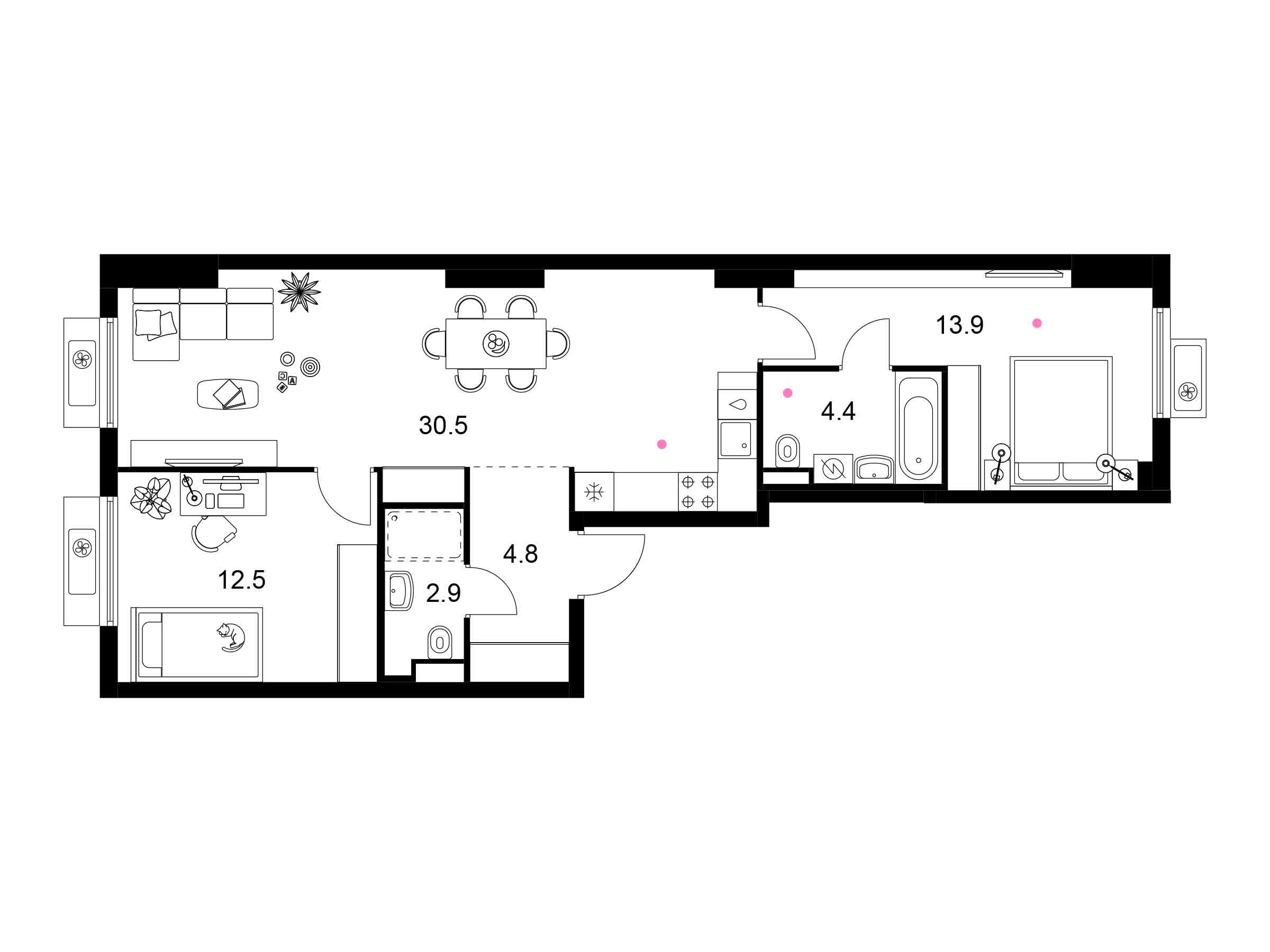 Планировка: 2-комн. квартира 69.00 м² в новостройке Белая Дача парк