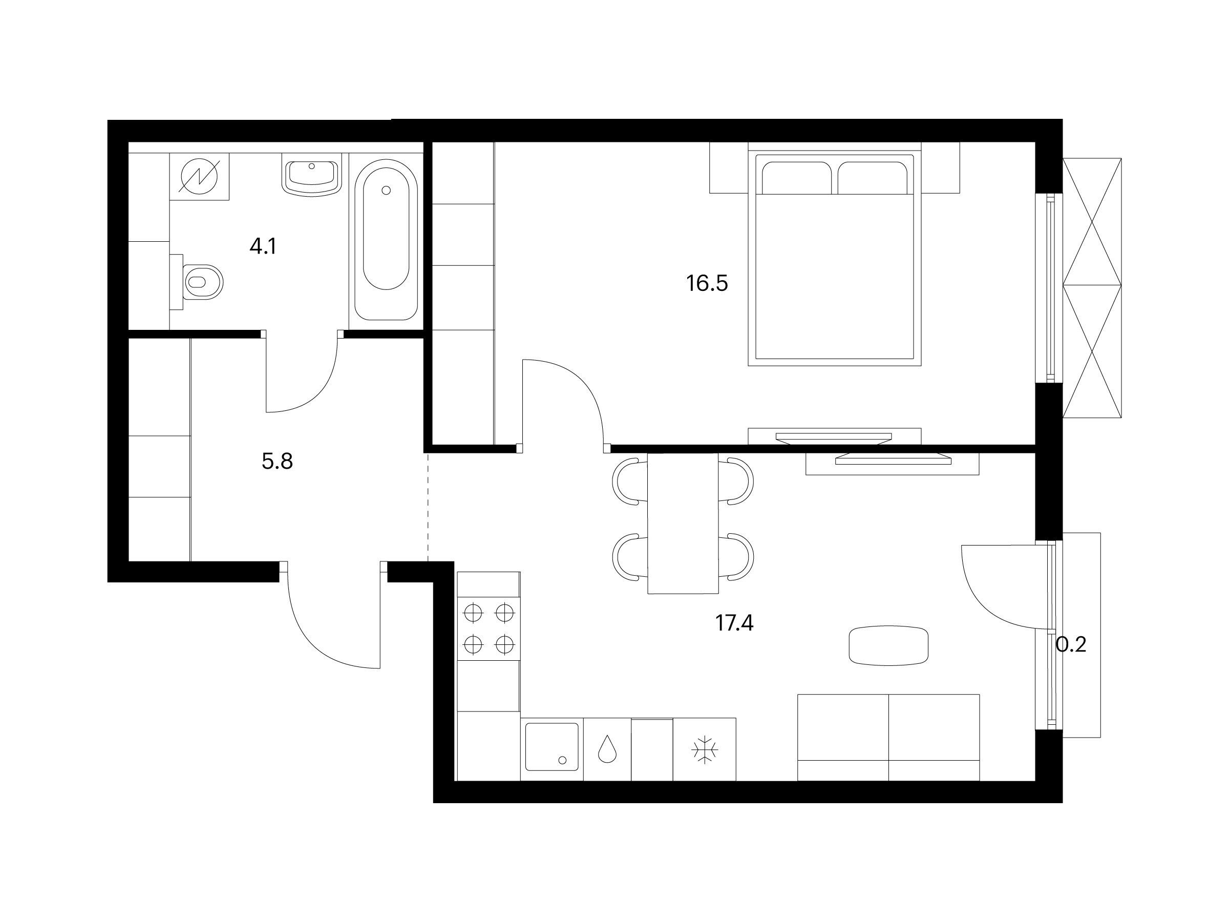 Планировка: 1-комн. квартира 44.00 м² в новостройке Яуза парк