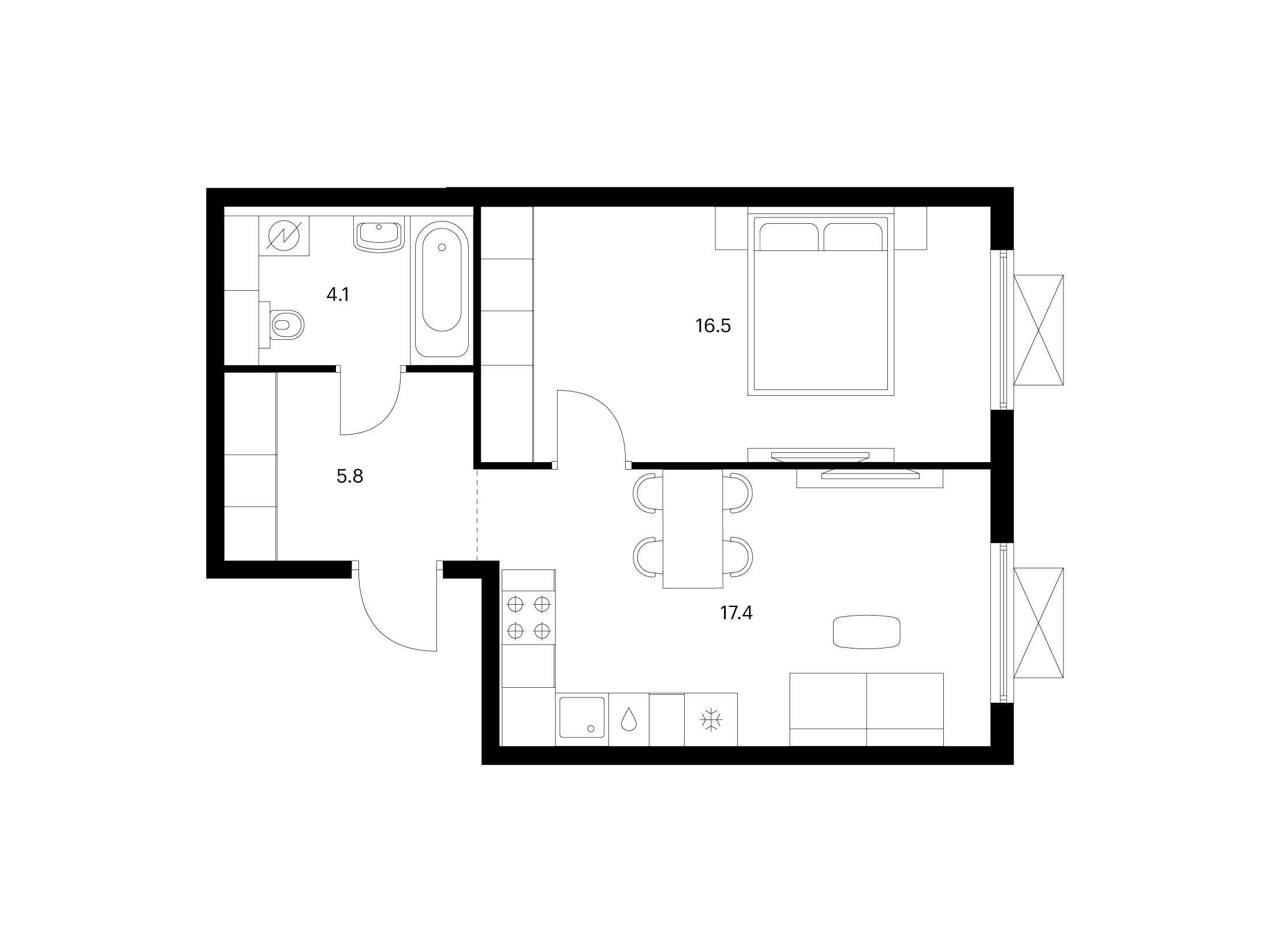 Планировка: 1-комн. квартира 43.80 м² в новостройке ЖК Яуза парк