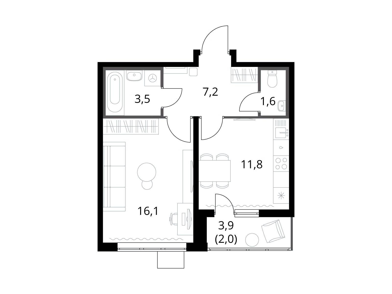 Планировка: 1-комн. квартира 42.10 м² в новостройке 1-й Южный