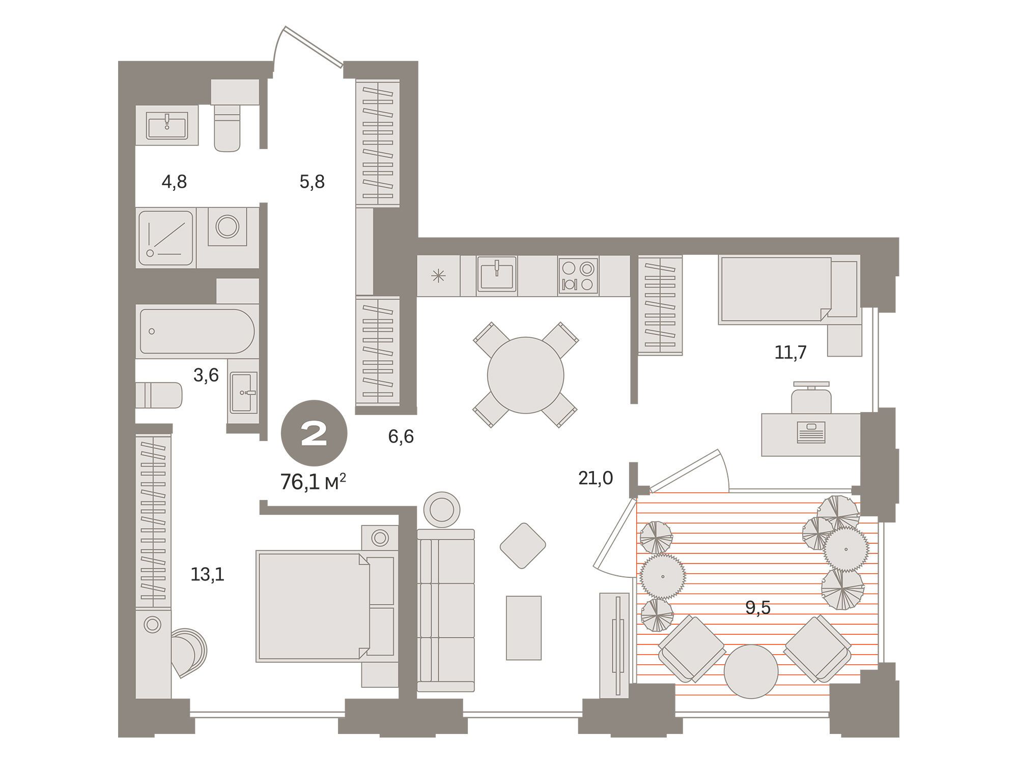 Планировка: 2-комн. квартира 76.10 м² в новостройке Монс