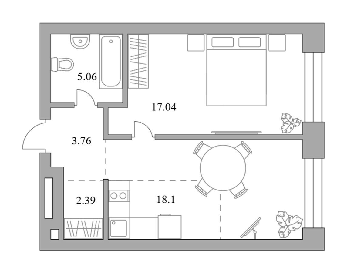 Планировка: 1-комн. квартира 46.35 м² в новостройке Павелецкая от Гранель