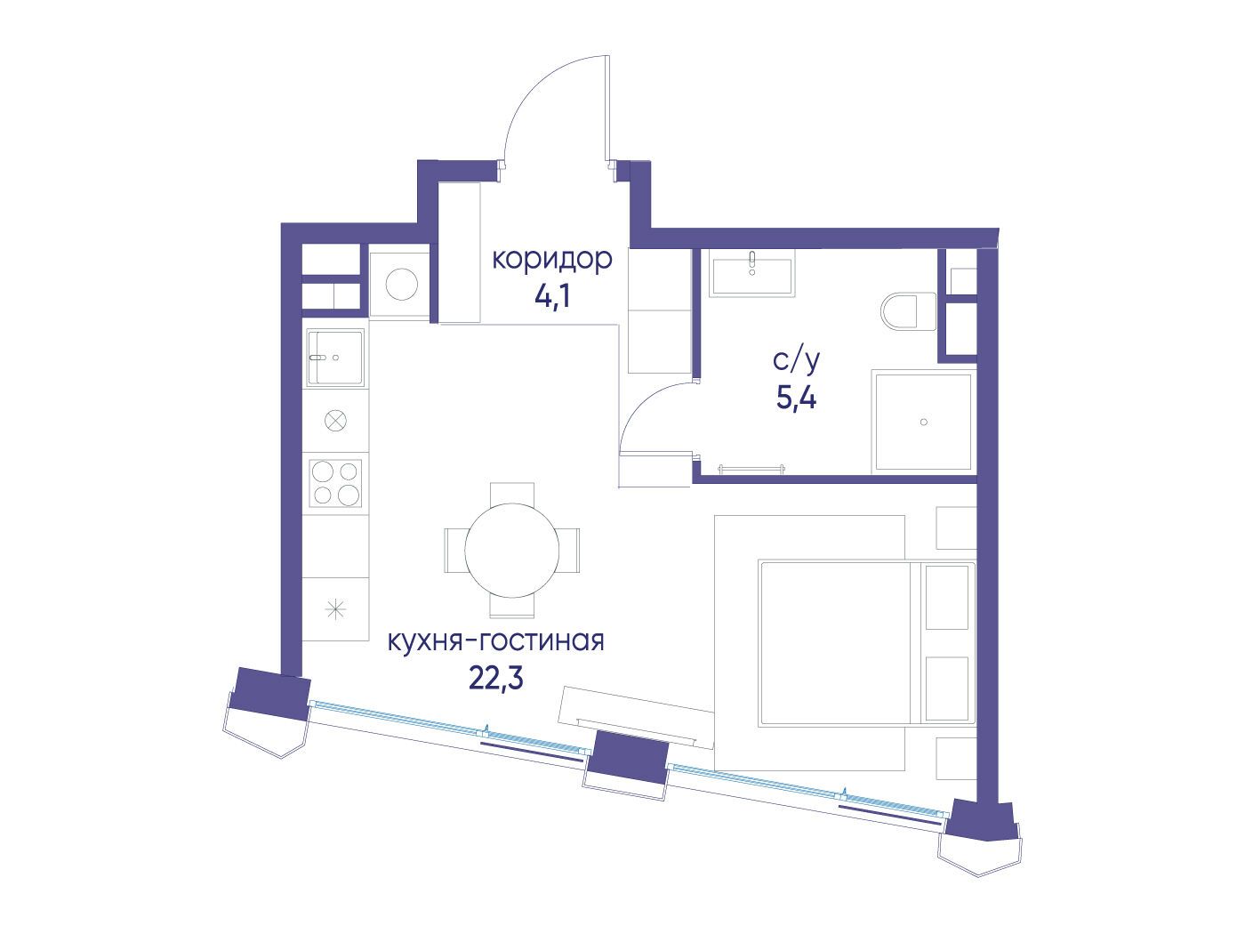 Планировка: Студия 31.70 м² в новостройке Остров