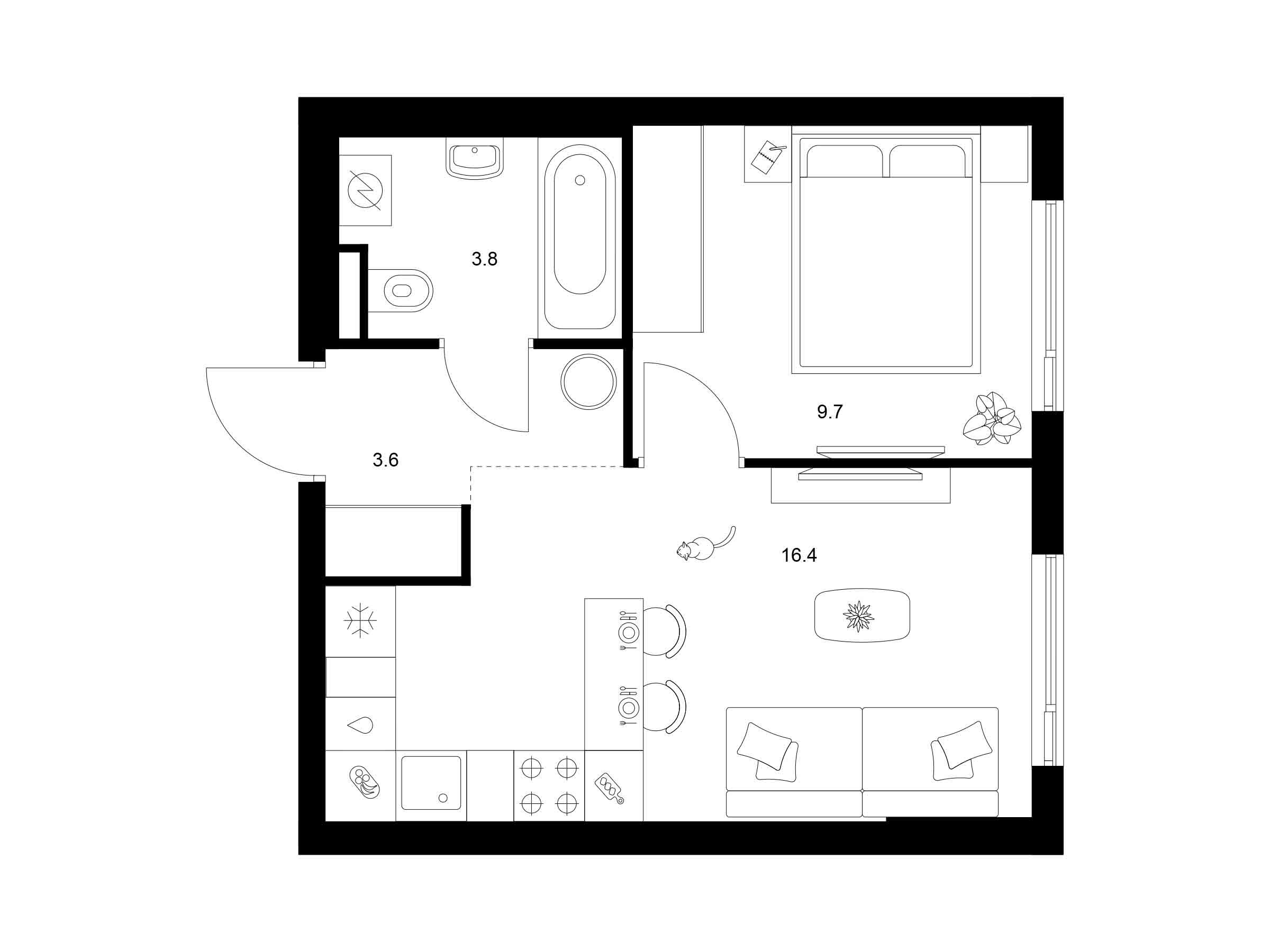 Планировка: 1-комн. квартира 33.50 м² в новостройке Мичуринский парк