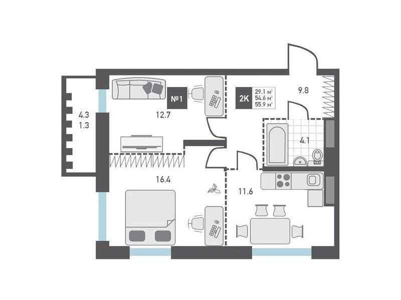Планировка: 2-комн. квартира 55.90 м² в новостройке ЖК Зеленоград Ривьера