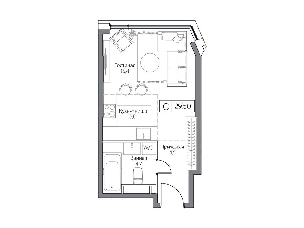 Планировка: Студия 29.00 м² в новостройке ЖК Дрим Рива