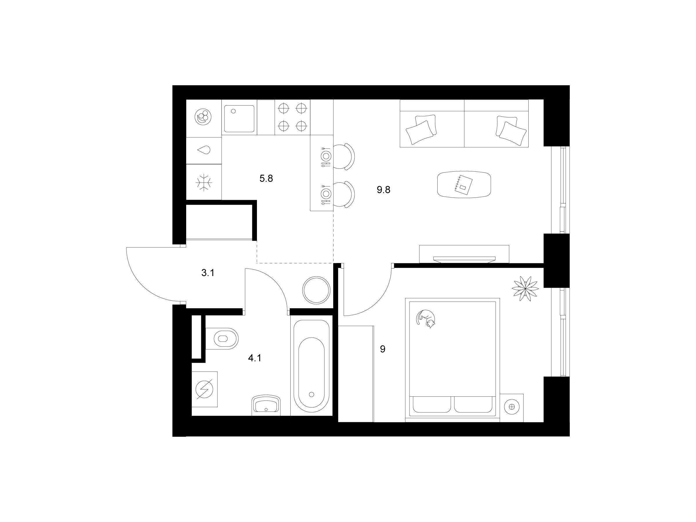 Планировка: 1-комн. квартира 31.80 м² в новостройке Мичуринский парк