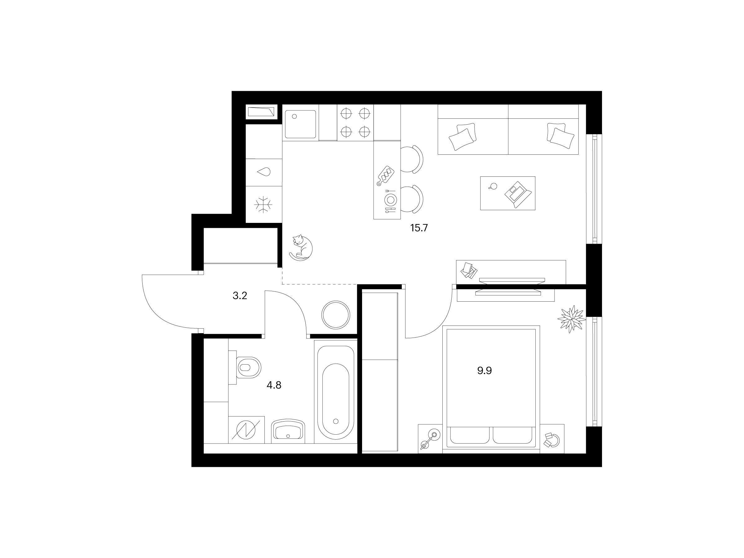 Планировка: 1-комн. квартира 33.60 м² в новостройке Кронштадтский 9