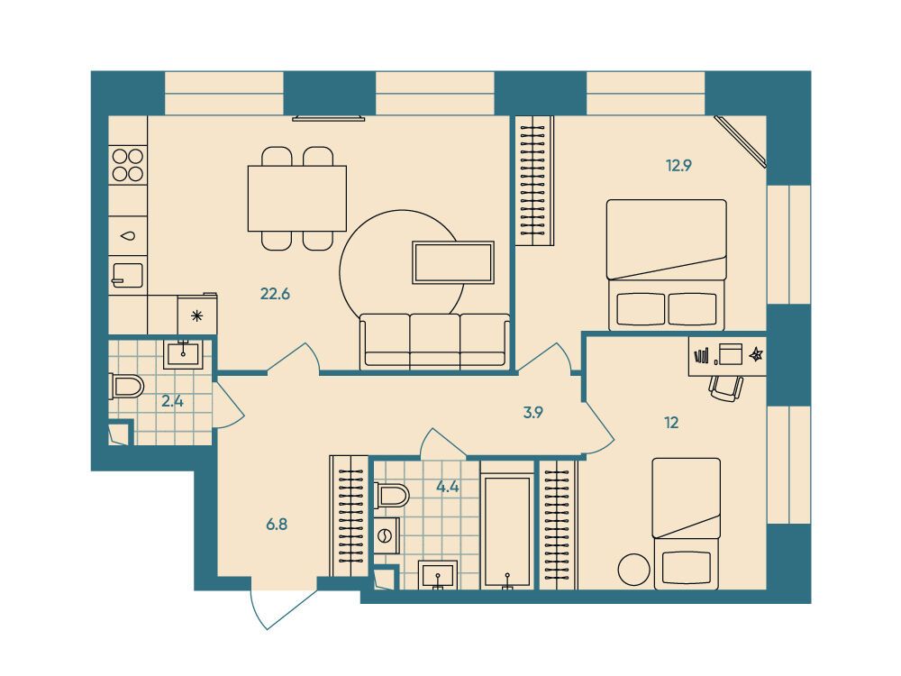Планировка: 3-комн. квартира 65.00 м² в новостройке ЖК ЭРА