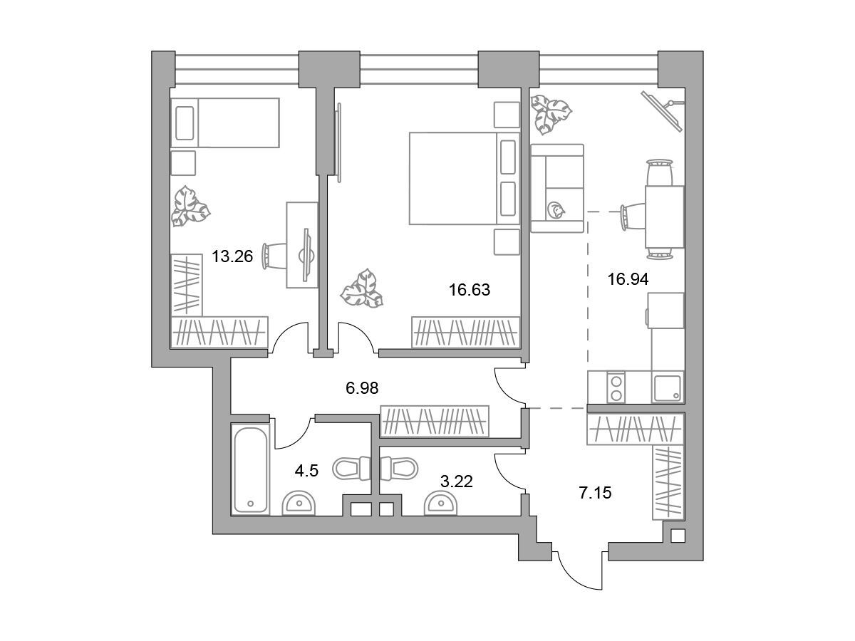 Планировка: 2-комн. квартира 68.68 м² в новостройке Павелецкая от Гранель