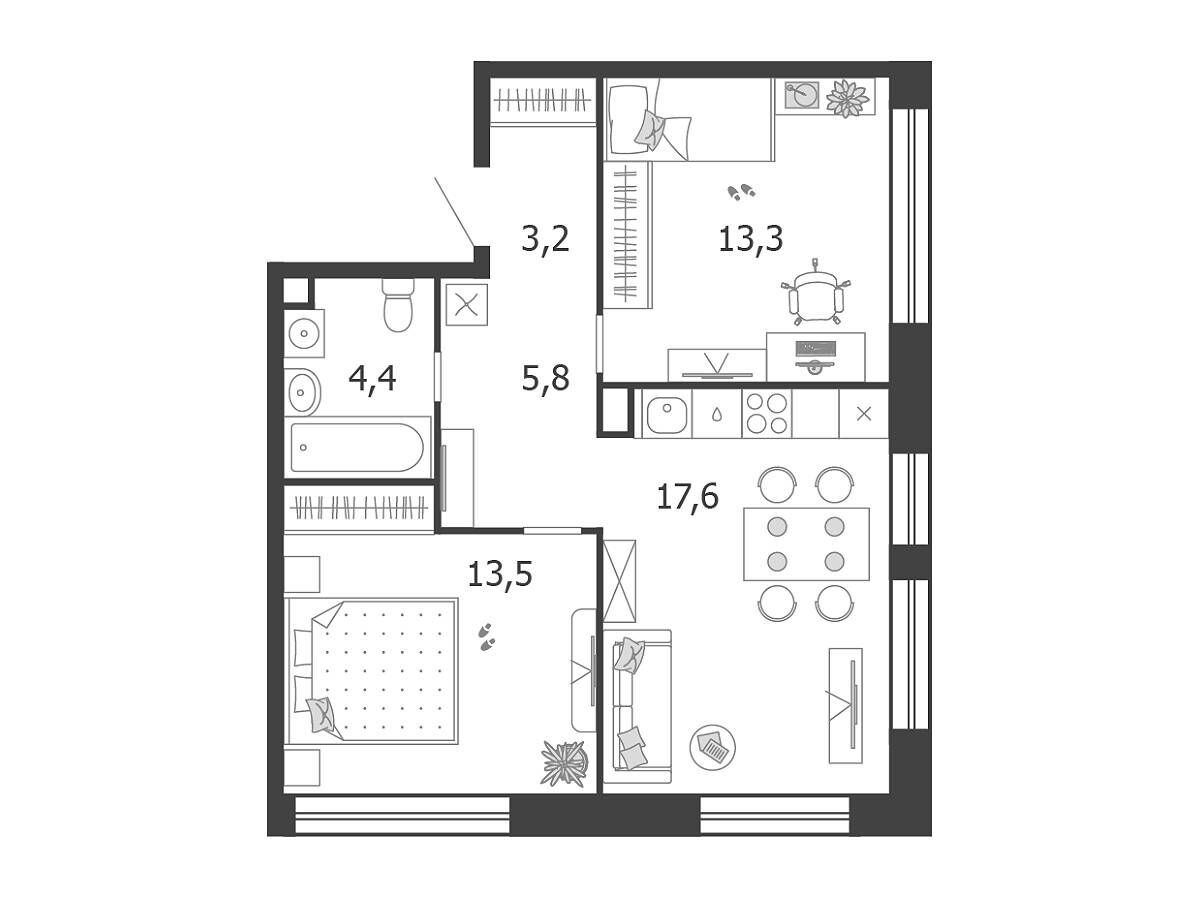 Планировка: 2-комн. квартира 57.80 м² в новостройке Шагал
