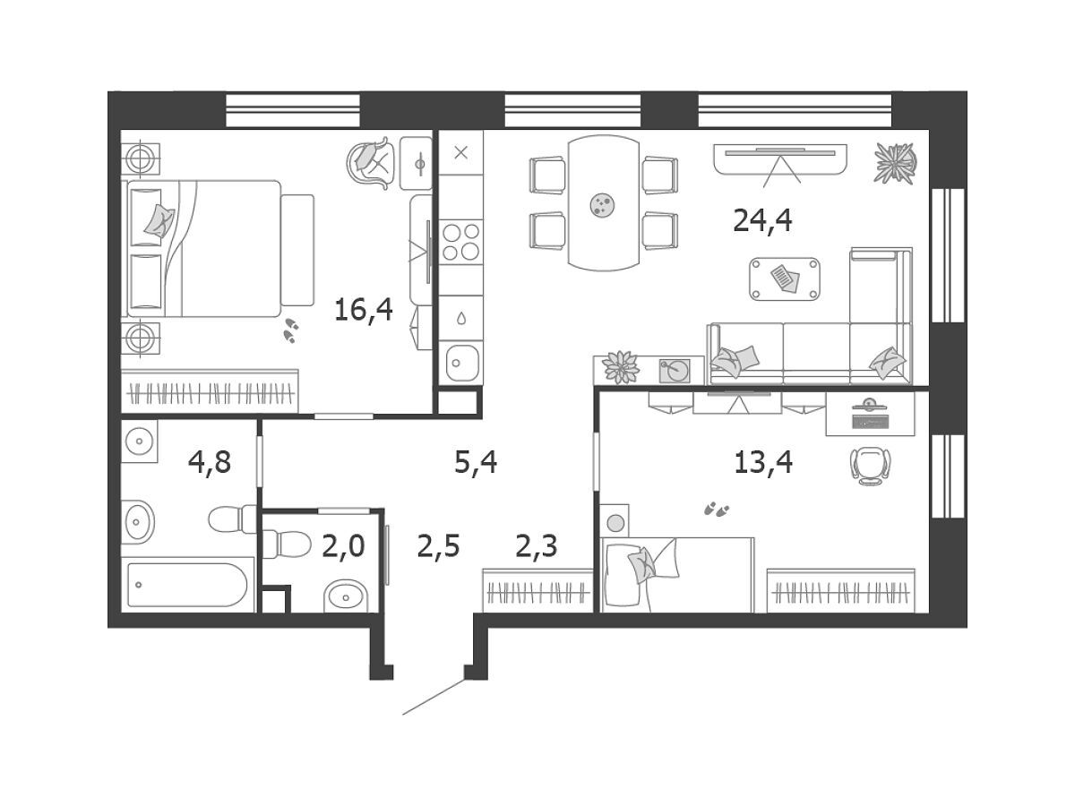 Планировка: 2-комн. квартира 71.20 м² в новостройке Шагал