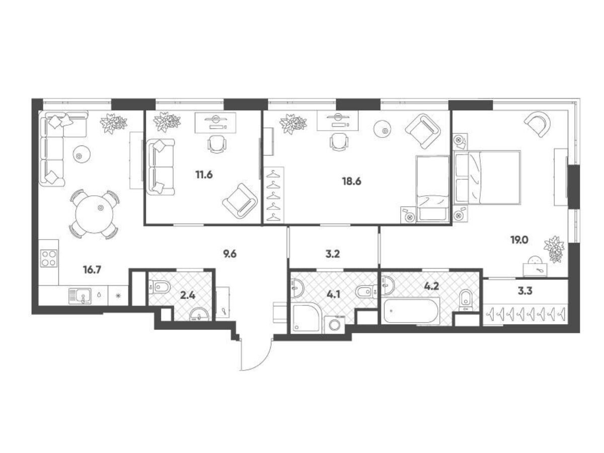 Планировка: 3-комн. квартира 92.70 м² в новостройке Воксхолл