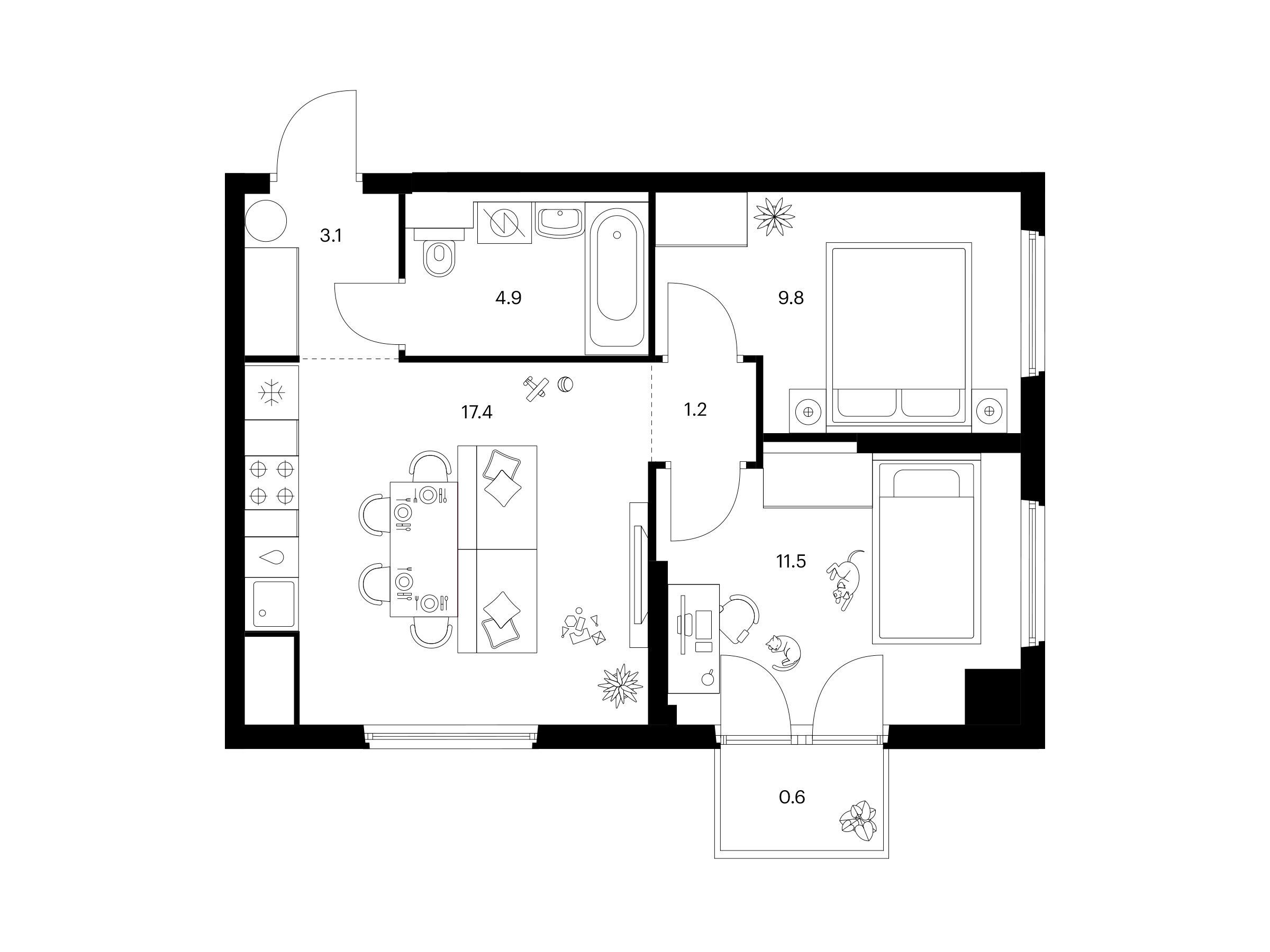Планировка: 2-комн. квартира 48.50 м² в новостройке ЖК Кронштадтский 9