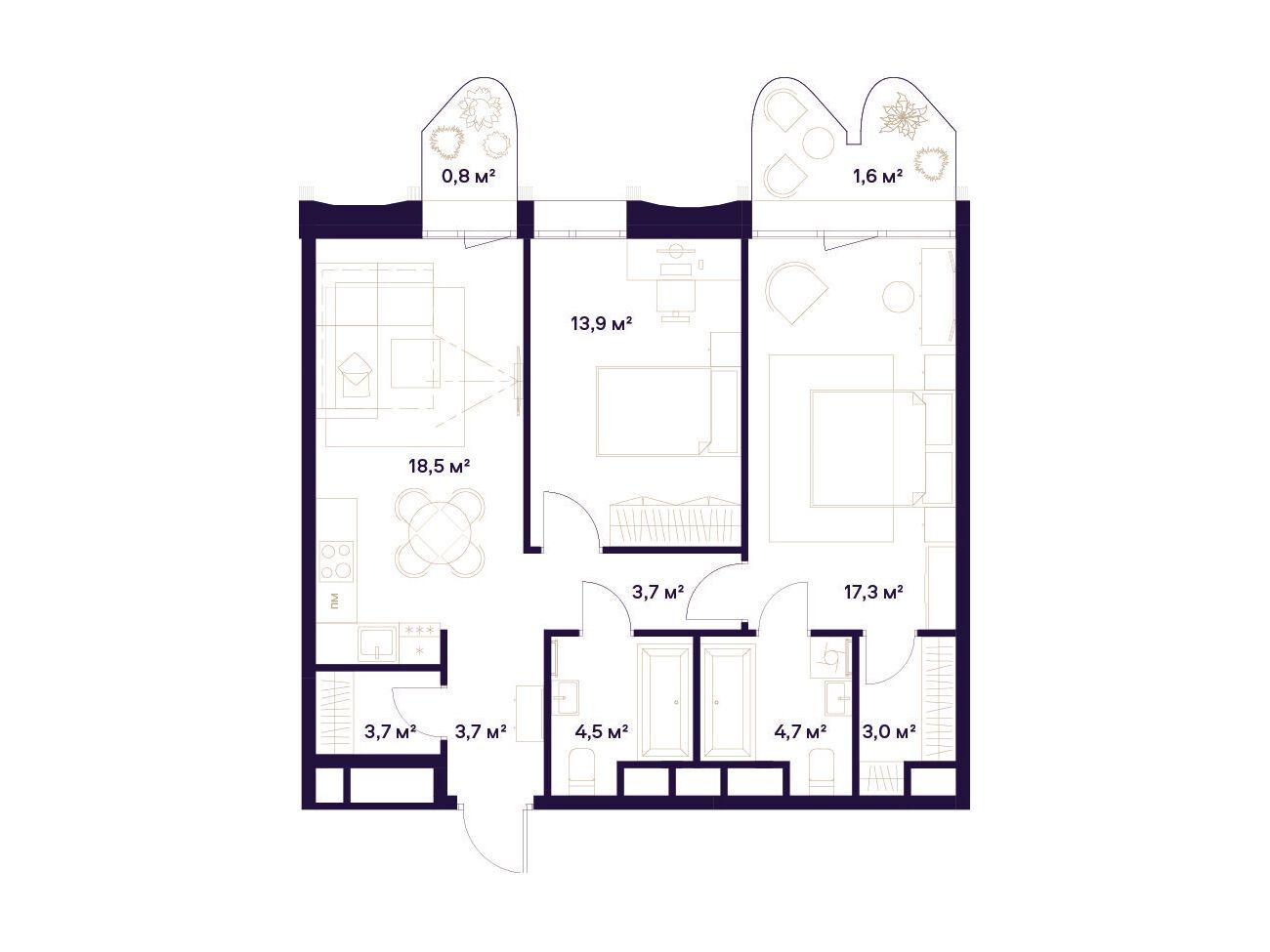 Планировка: 2-комн. квартира 74.50 м² в новостройке Квартал здоровой жизни Союз