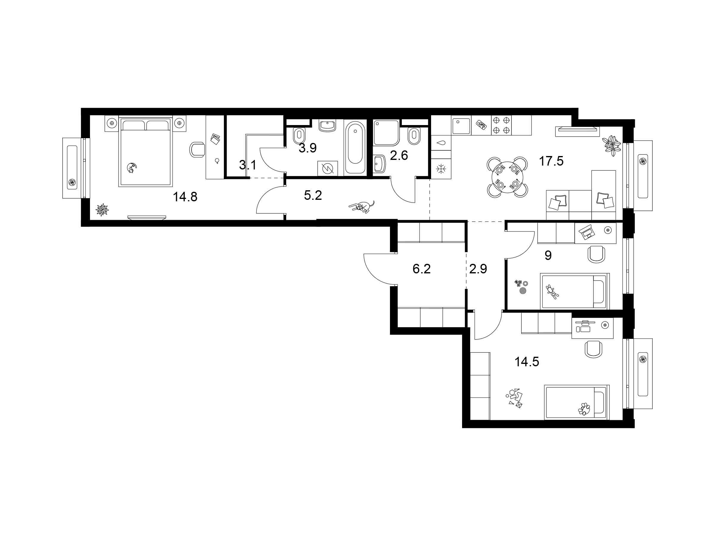 Планировка: 3-комн. квартира 79.70 м² в новостройке Зелёный парк