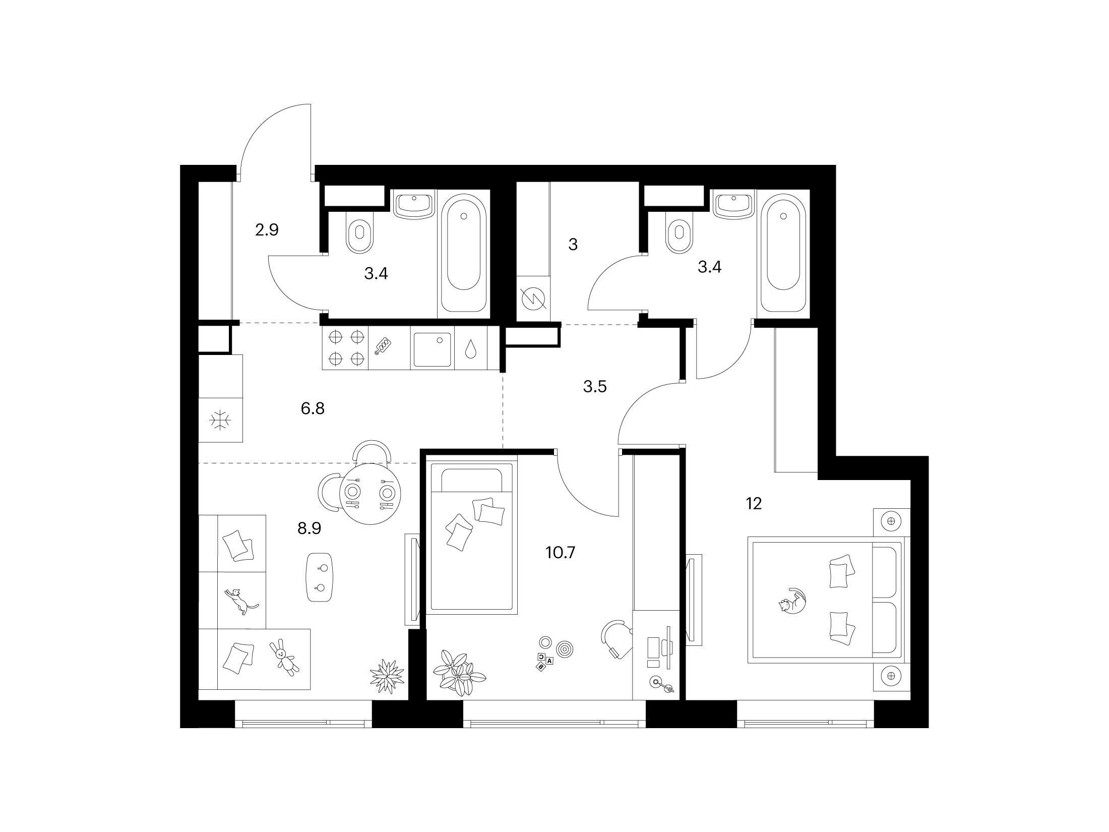 Планировка: 2-комн. квартира 54.60 м² в новостройке 2-й Иртышский