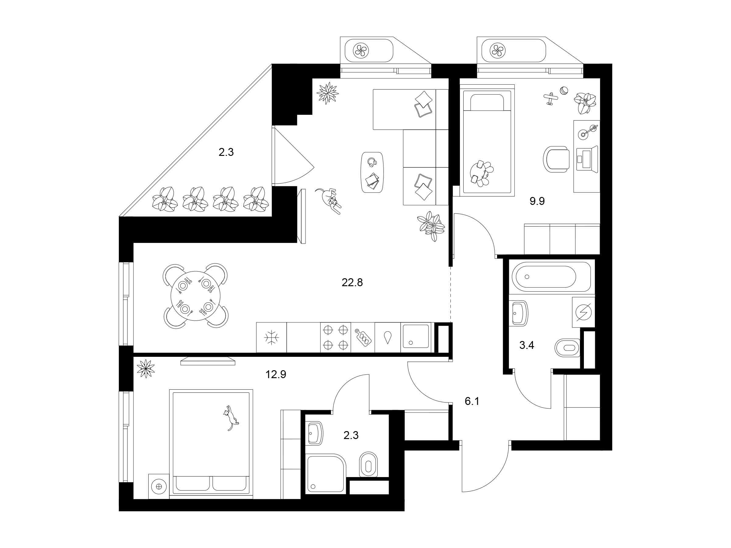 Планировка: 2-комн. квартира 59.70 м² в новостройке Алтуфьевское 53