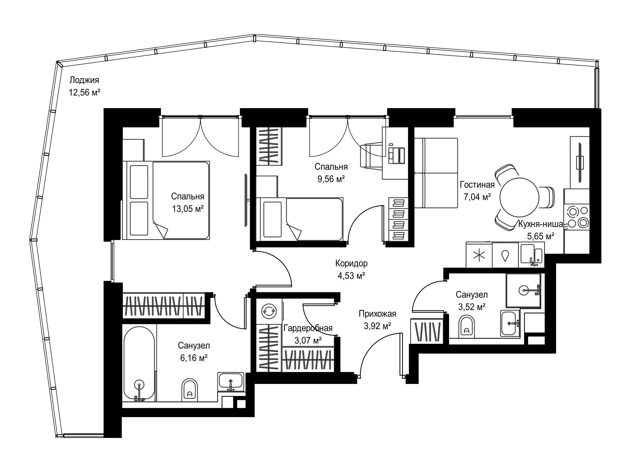 Планировка: 2-комн. квартира 69.06 м² в новостройке Селигер Сити